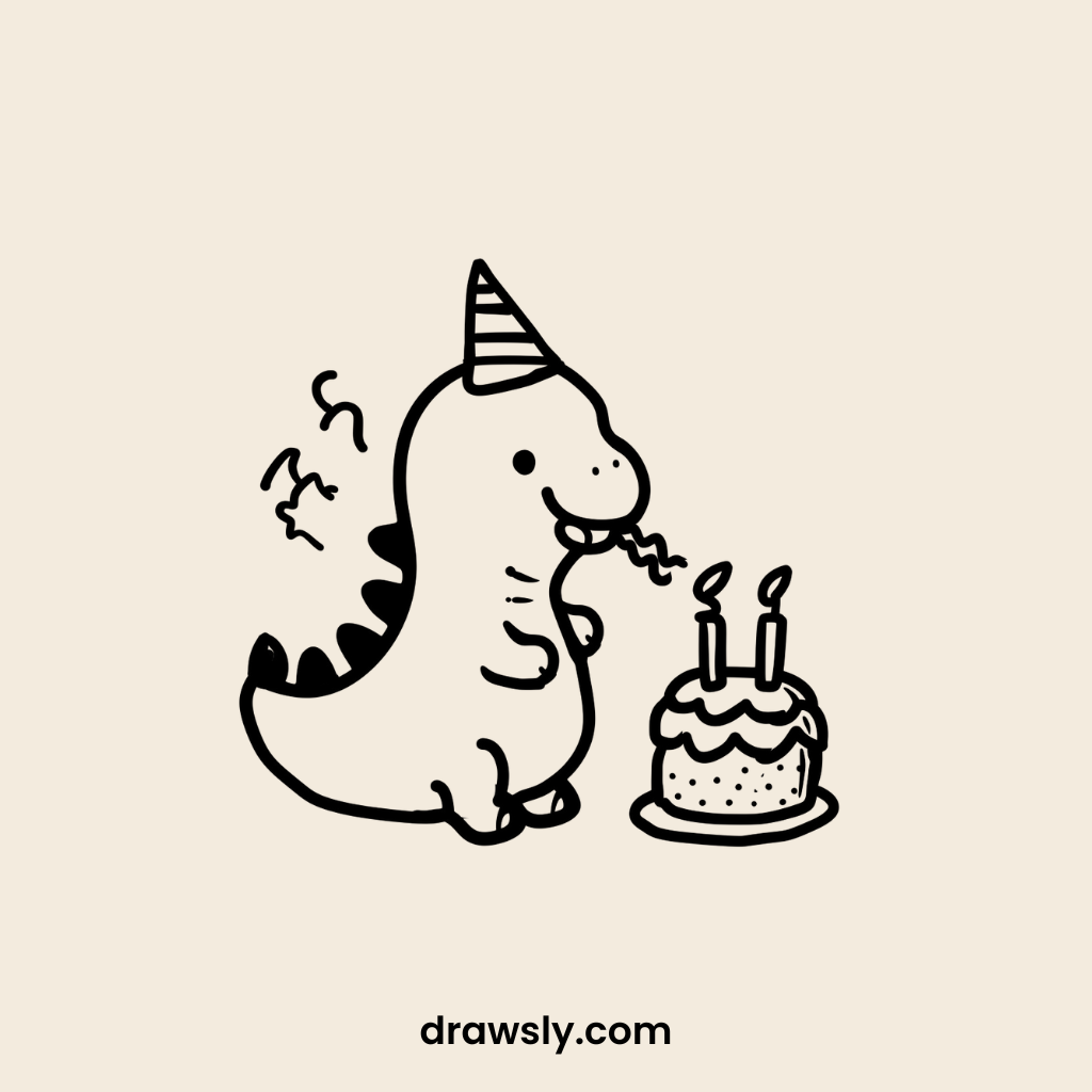 Cute Dinosaur Blowing Out Candles Drawing