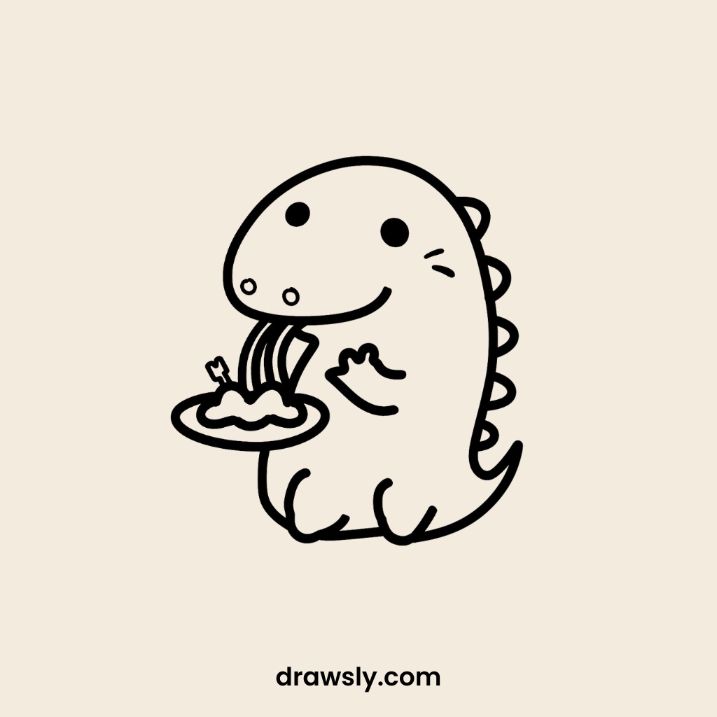 Cute Dinosaur Eating Spaghett Drawing