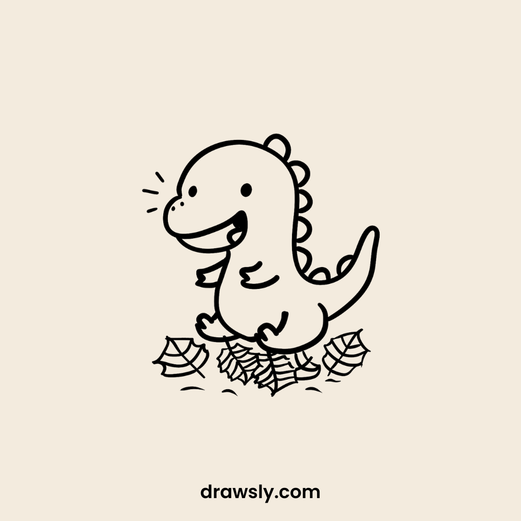 Cute Dinosaur Jumping in a Leaf Pile Drawing