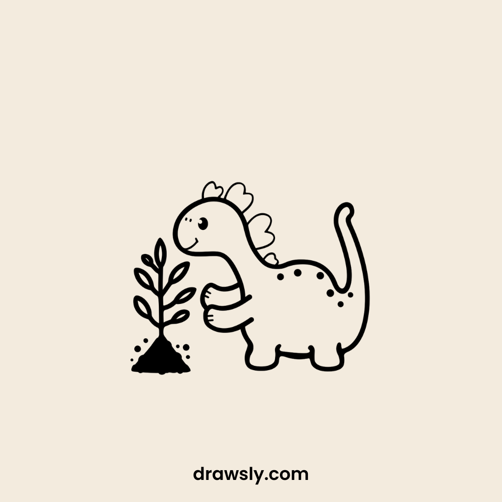 Cute Dinosaur Planting a Tree Drawing