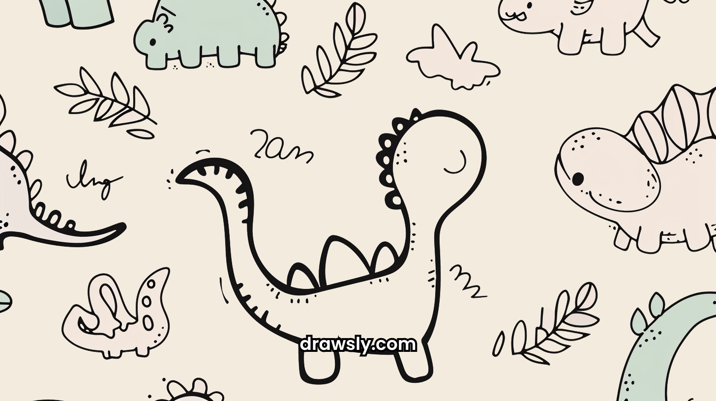 Playful collage of adorable cartoon dinosaur sketches