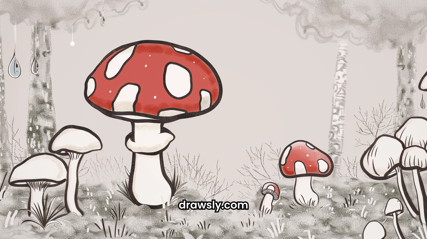 Whimsical forest scene with various mushroom sketches